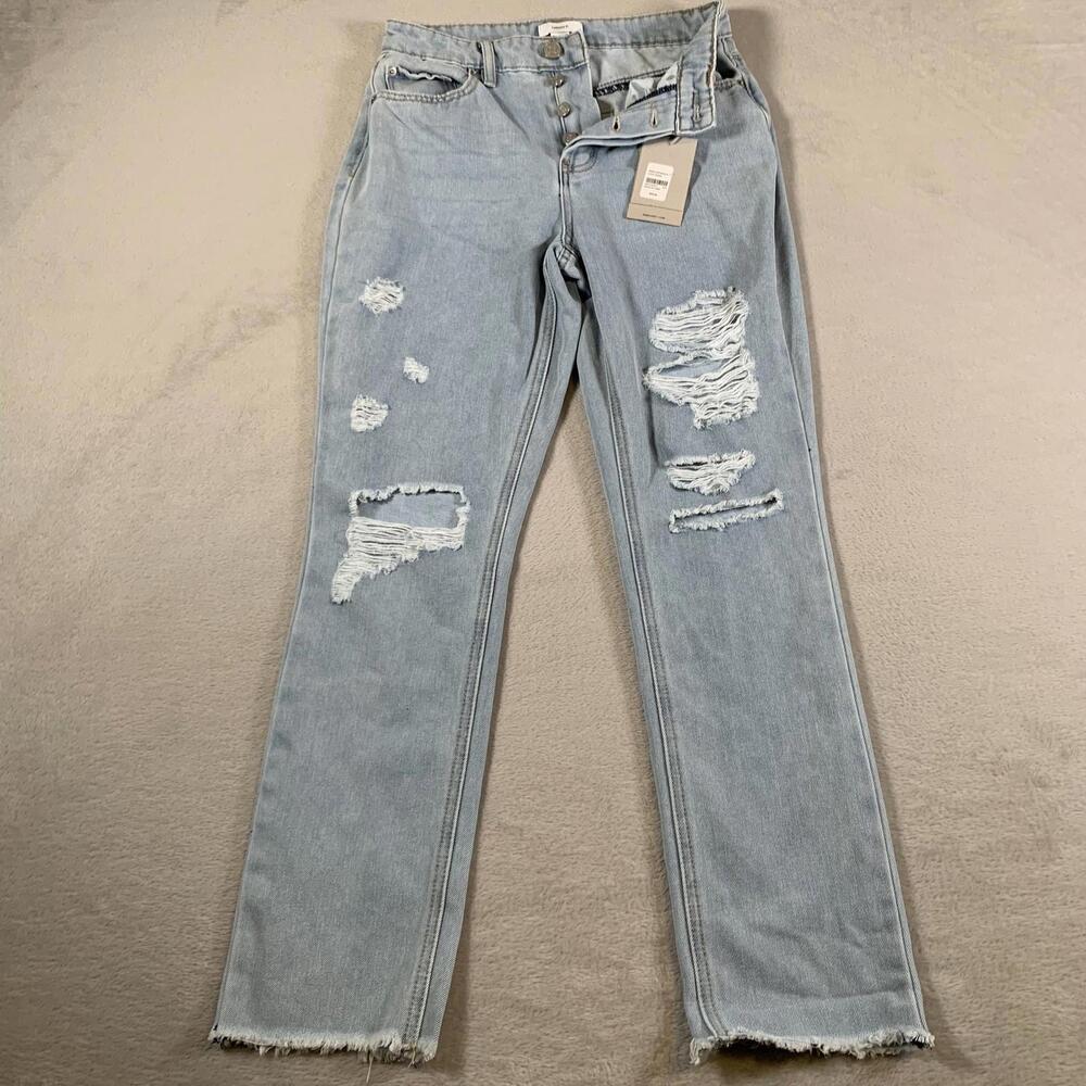 Forever 21 Jeans Womens 24 Light Blue Boyfriend Distressed High Rise Button Fly